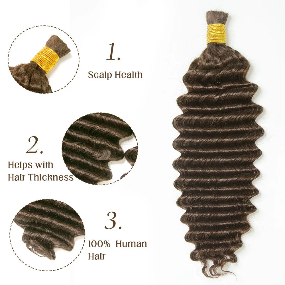 #4 Dark Brown Deep Wave Bulk Human Hair for Braiding - Image 5
