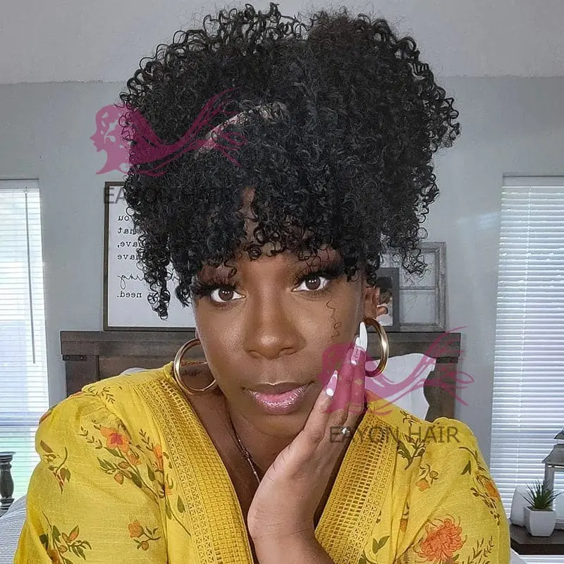 Afro Kinky Curly With Bangs Hand Tied With Machine Made No Lace Wig - Image 3