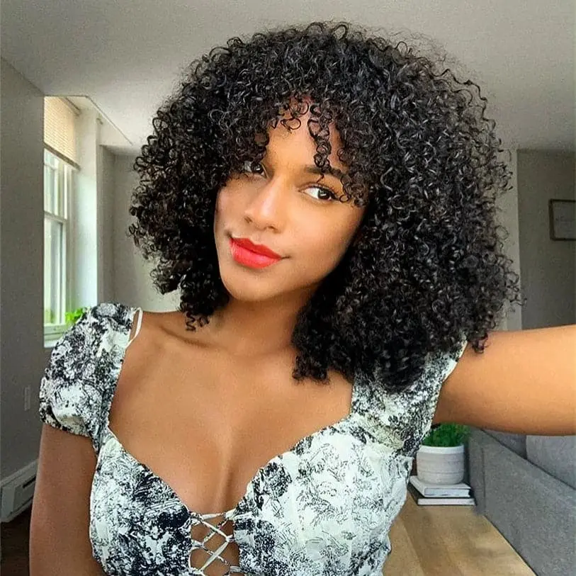 Afro Kinky Curly With Bangs Hand Tied With Machine Made No Lace Wig - Image 4