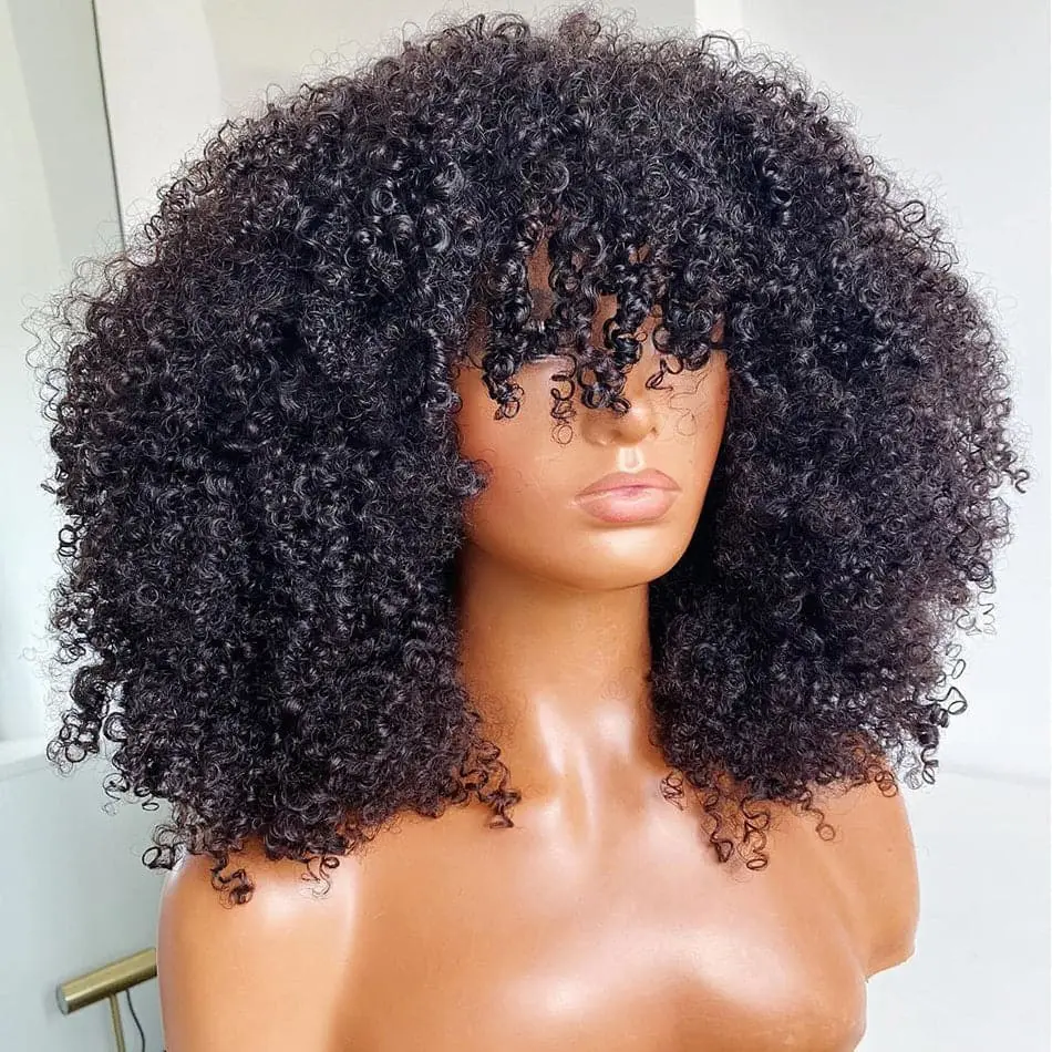 Afro Kinky Curly With Bangs Hand Tied With Machine Made No Lace Wig - Image 5