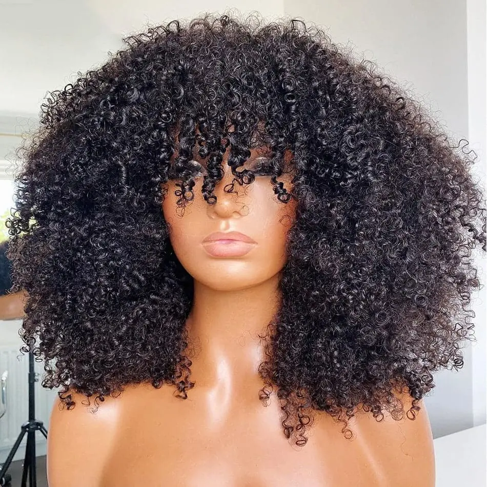 Afro Kinky Curly With Bangs Hand Tied With Machine Made No Lace Wig - Image 6