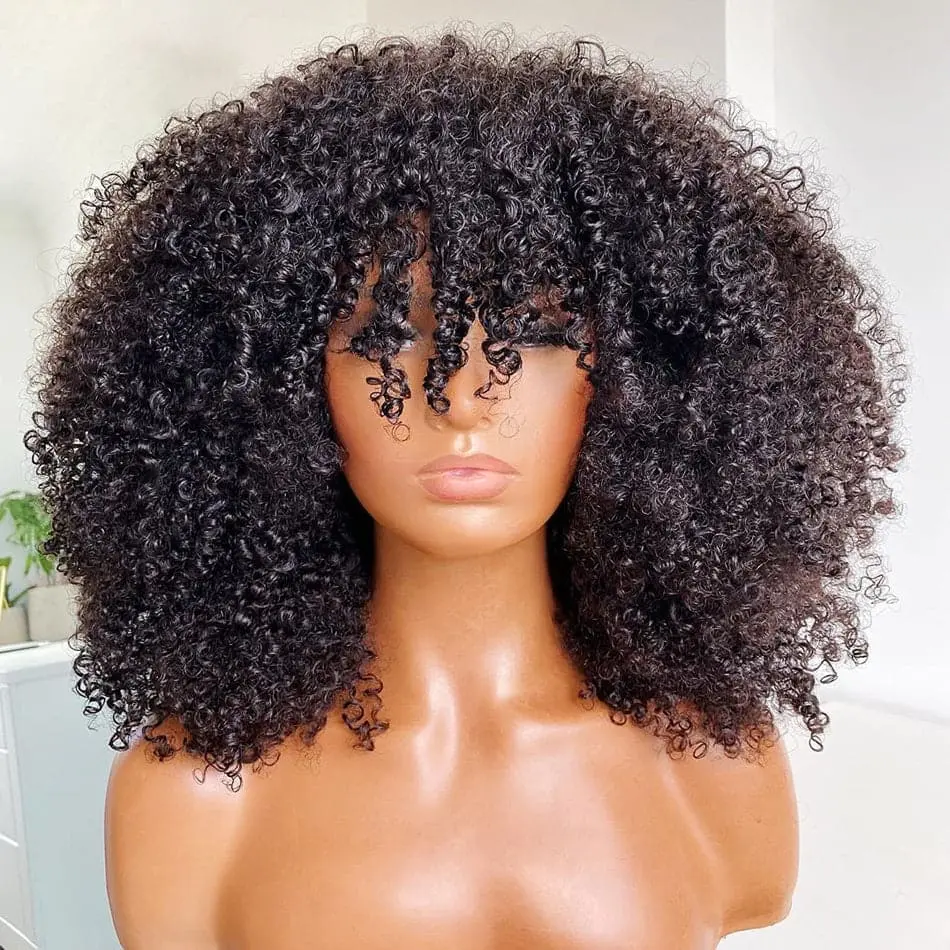 Afro Kinky Curly With Bangs Hand Tied With Machine Made No Lace Wig - Image 7