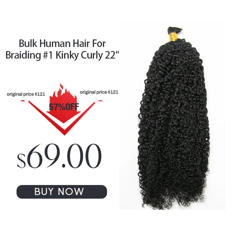 Bulk Human Hair For Braiding #1 Kinky Curly 22" E3【CLEARANCE】