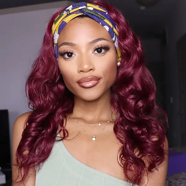 Headband Wig #Burgundy Color Body Wave Human Hair HBWB9 - Image 3