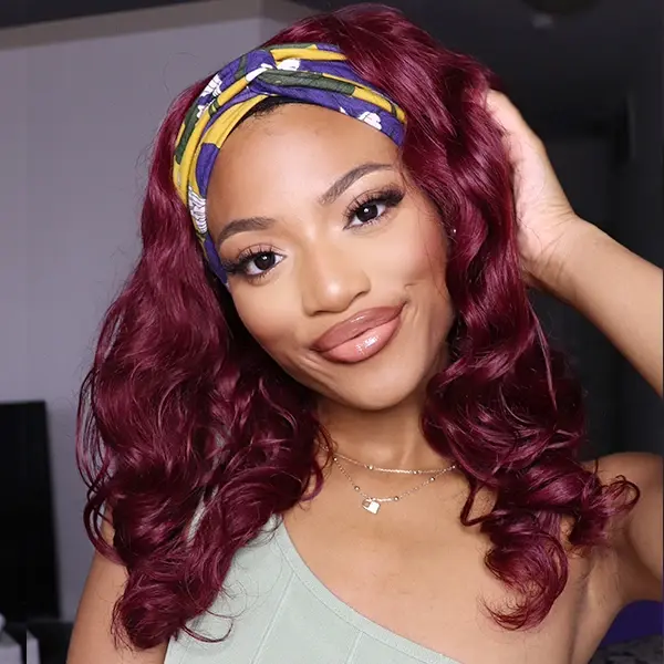 Headband Wig #Burgundy Color Body Wave Human Hair HBWB9 - Image 4