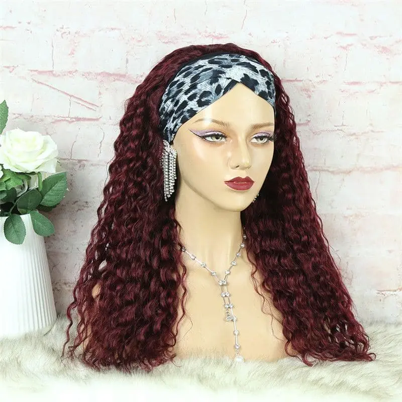 Headband Wig #99J Burgundy Deep Curly Human Hair HBWDC9 - Image 5