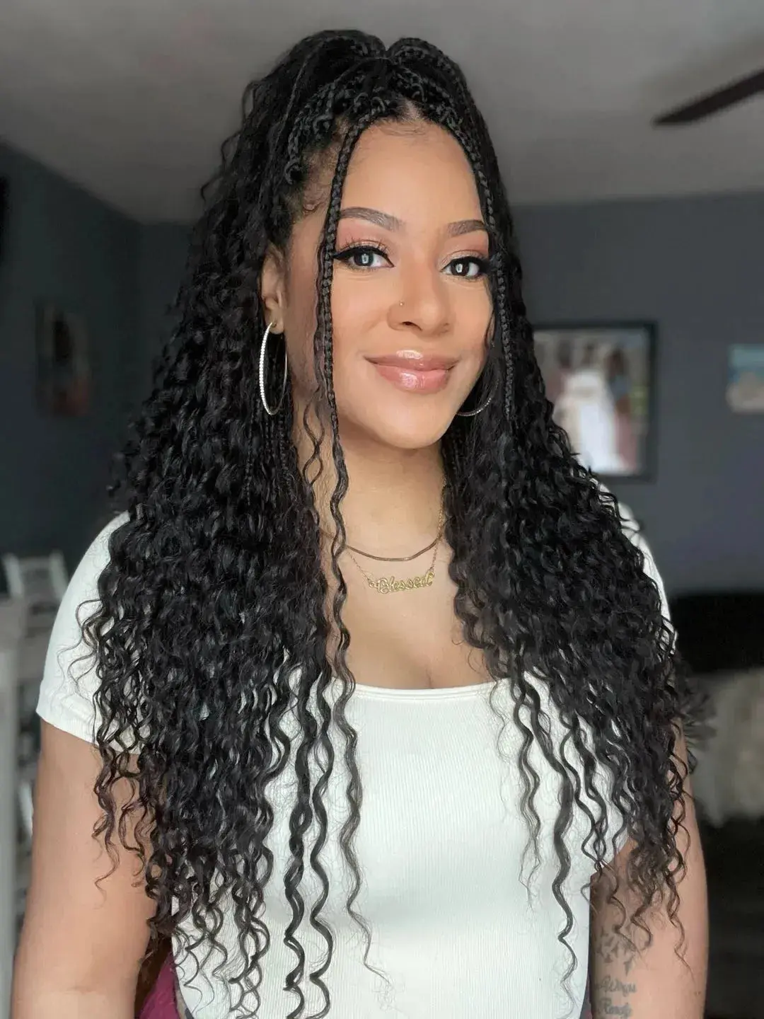Pre-Looped Crochet Boho Box Braids With Human Hair Curls - Image 3